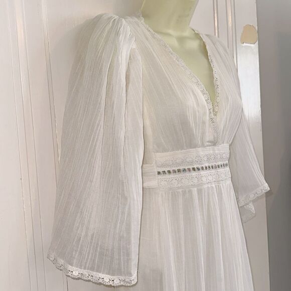 Vintage 70s Jack Kramer White V Neck Crinkle Cloth Flutter Sleeve Maxi Dress - Picture 4 of 8